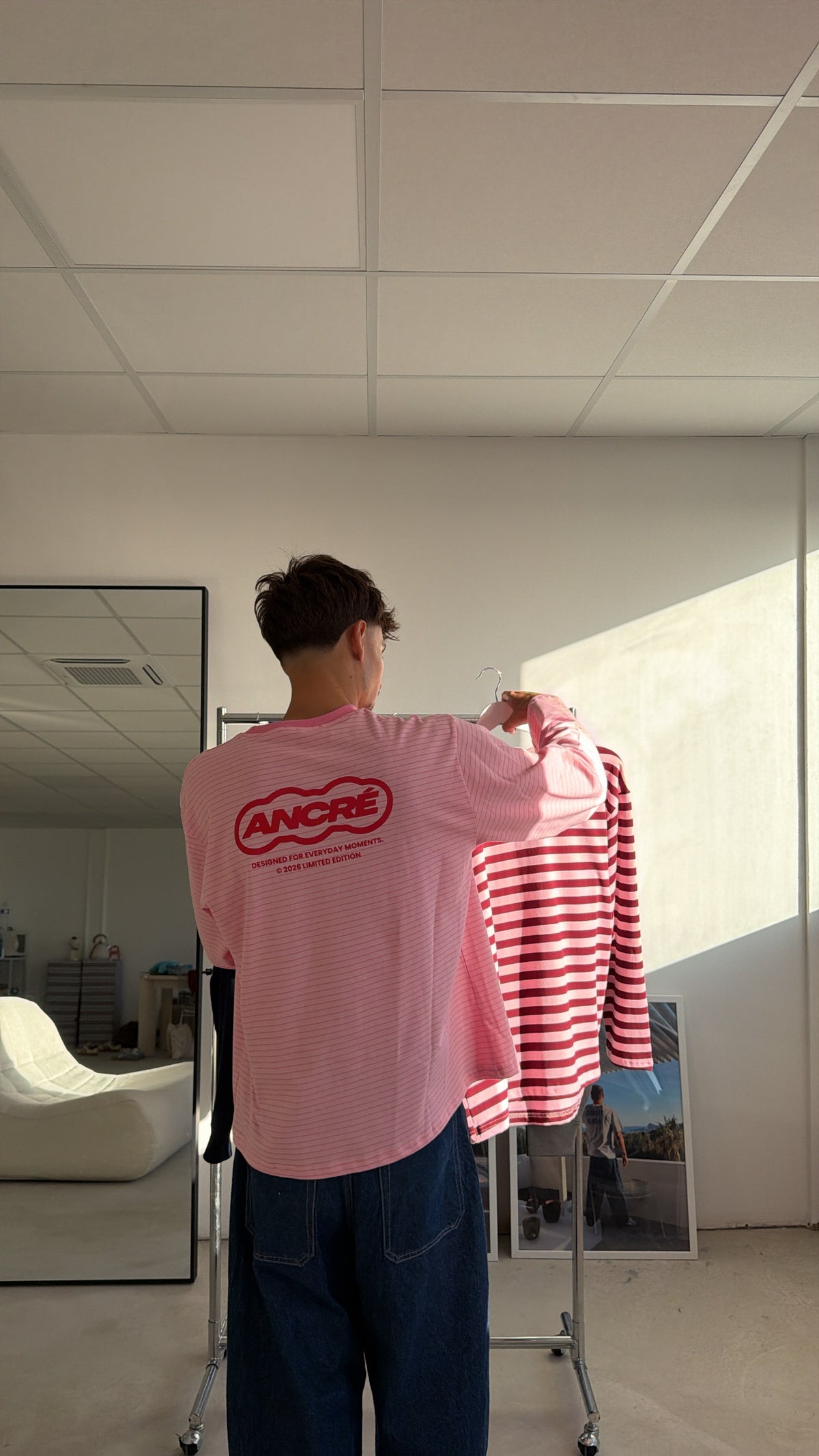 T-shirt à manches longues "ancré" rayé rose