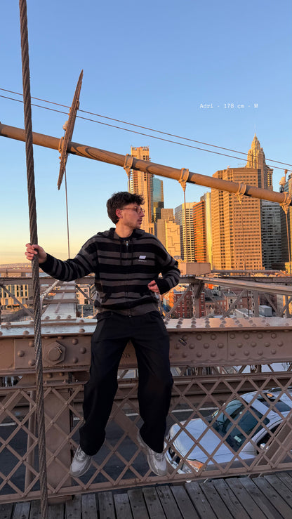 knit zippé "N.01" rayé noir et gris