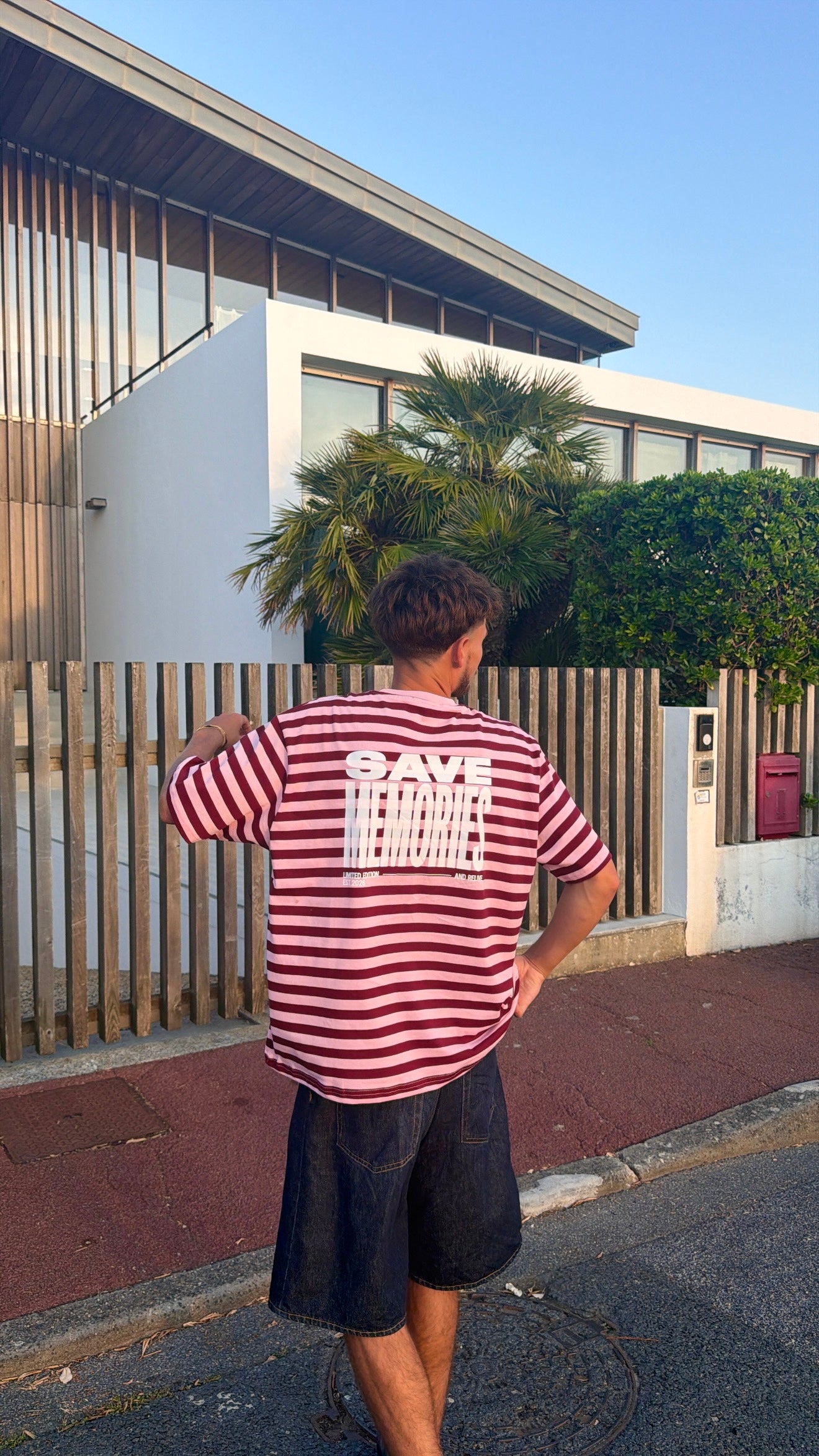 T-shirt "save memories" rayé bordeaux