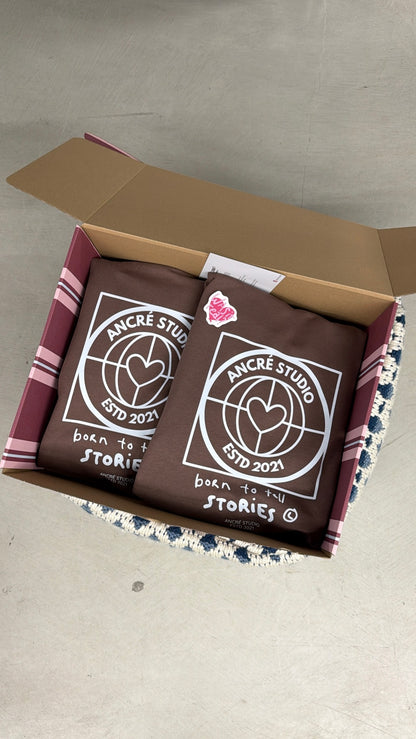 Coffret double sweats "stories" marron