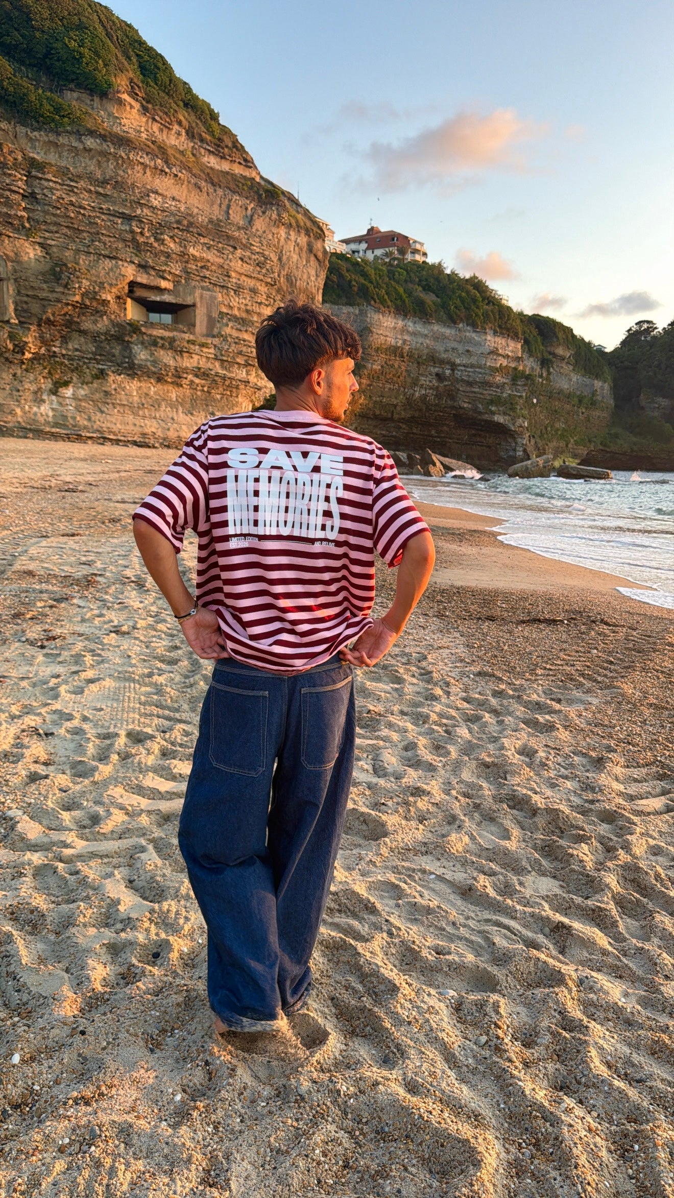 T-shirt "save memories" rayé bordeaux