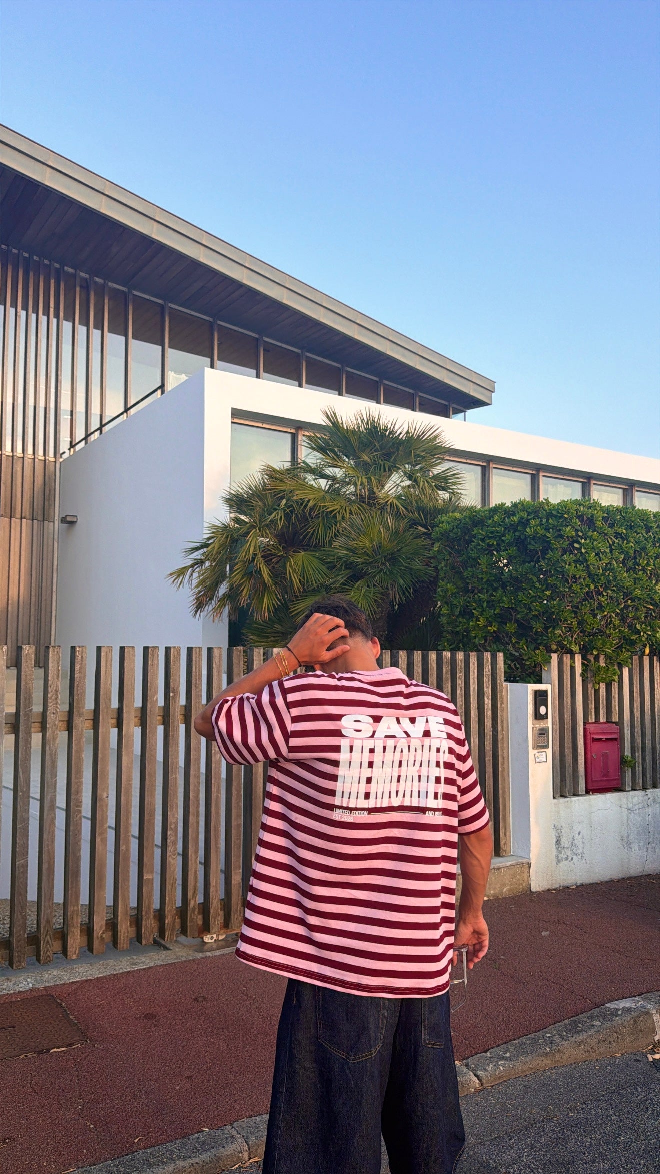 T-shirt "save memories" rayé bordeaux