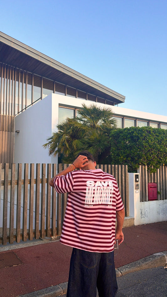 T-shirt "save memories" rayé bordeaux