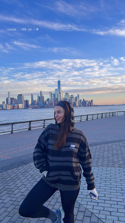 knit zippé "N.01" rayé noir et gris