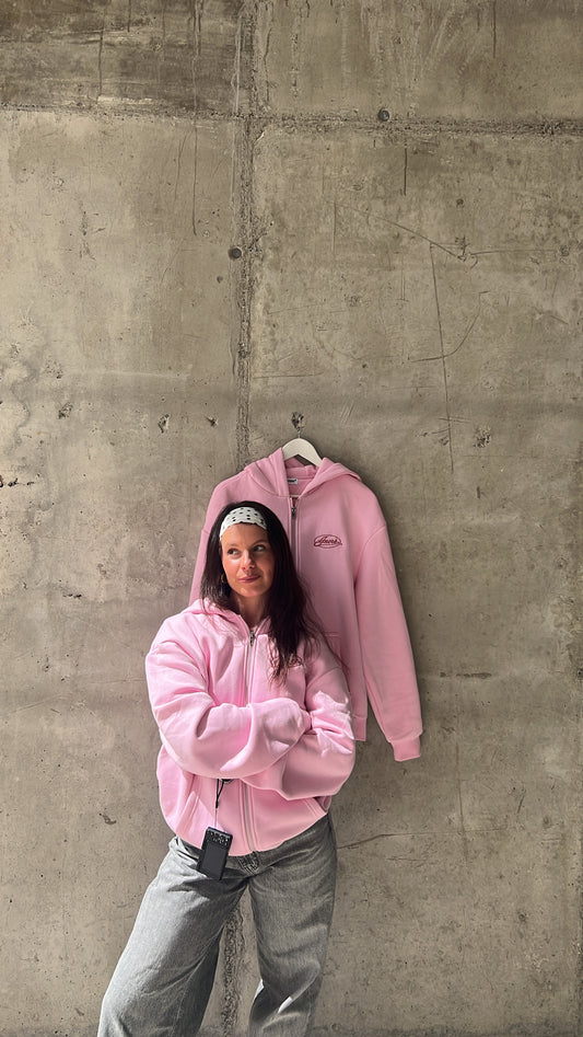 Hoodie zippé brodé "here and now" rose