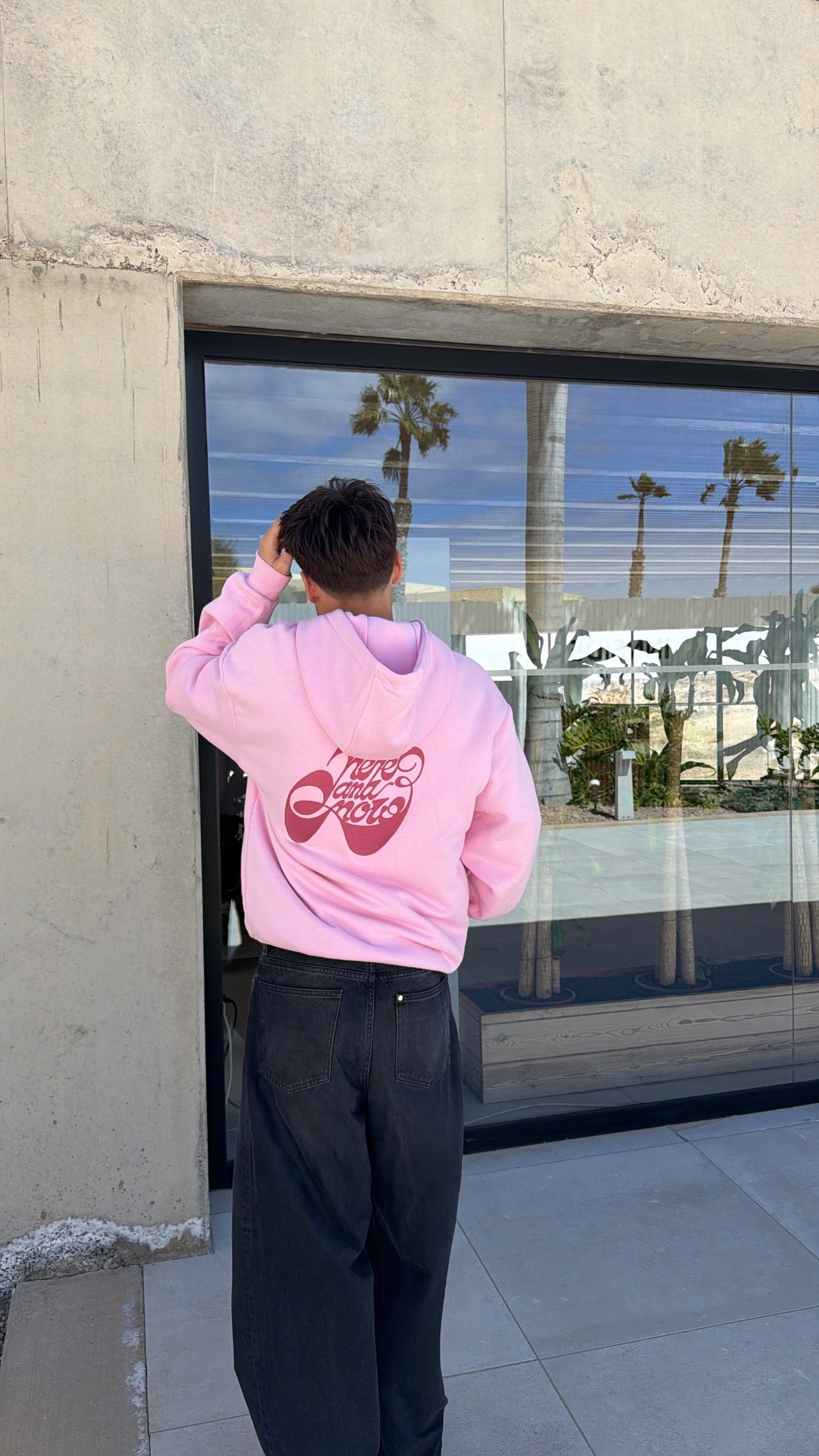 Hoodie zippé brodé "here and now" rose