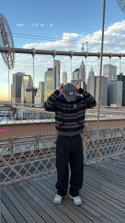 knit zippé "N.01" rayé noir et gris