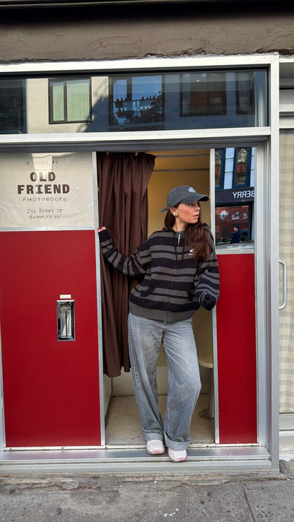 knit zippé "N.01" rayé noir et gris