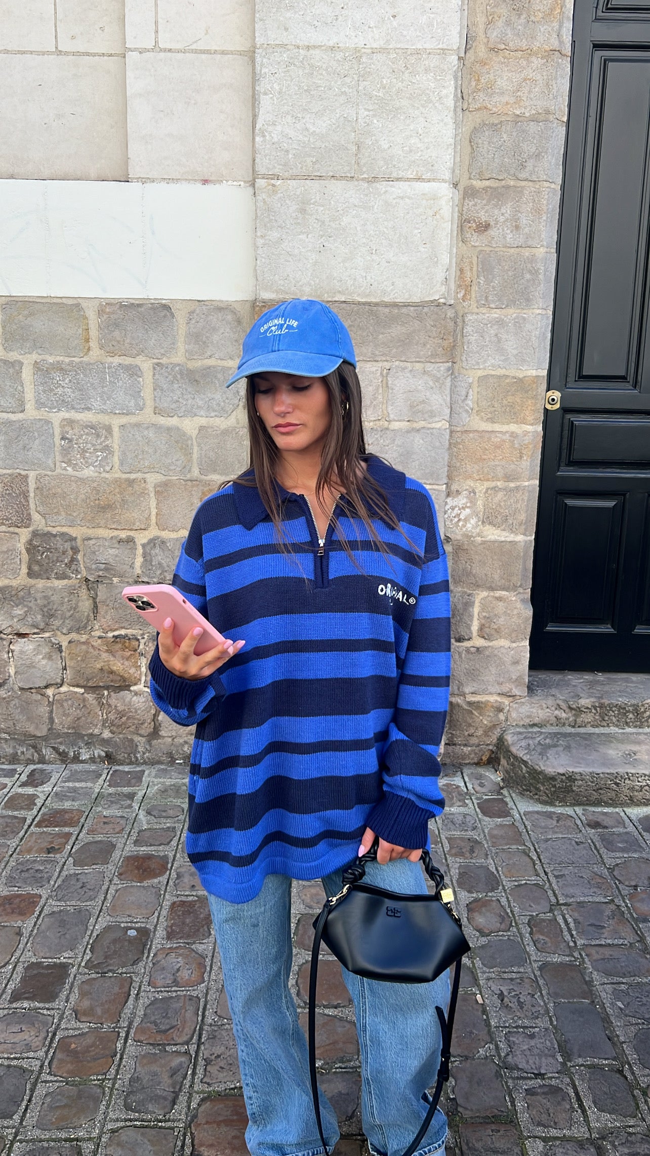 Knit polo rayé bleu