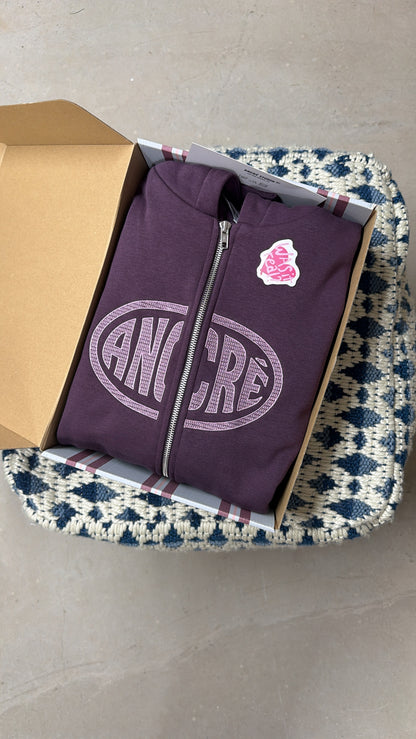 Coffret simple hoodie zippé "too busy living" prune