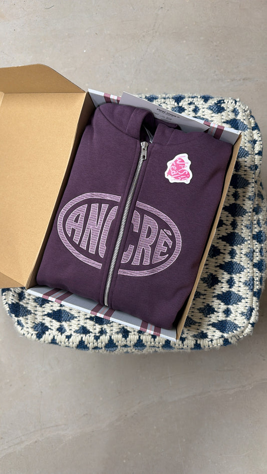 Coffret simple hoodie zippé "too busy living" prune