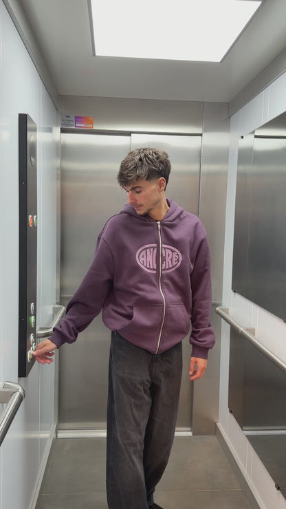 Hoodie zippé brodé « too busy living » prune